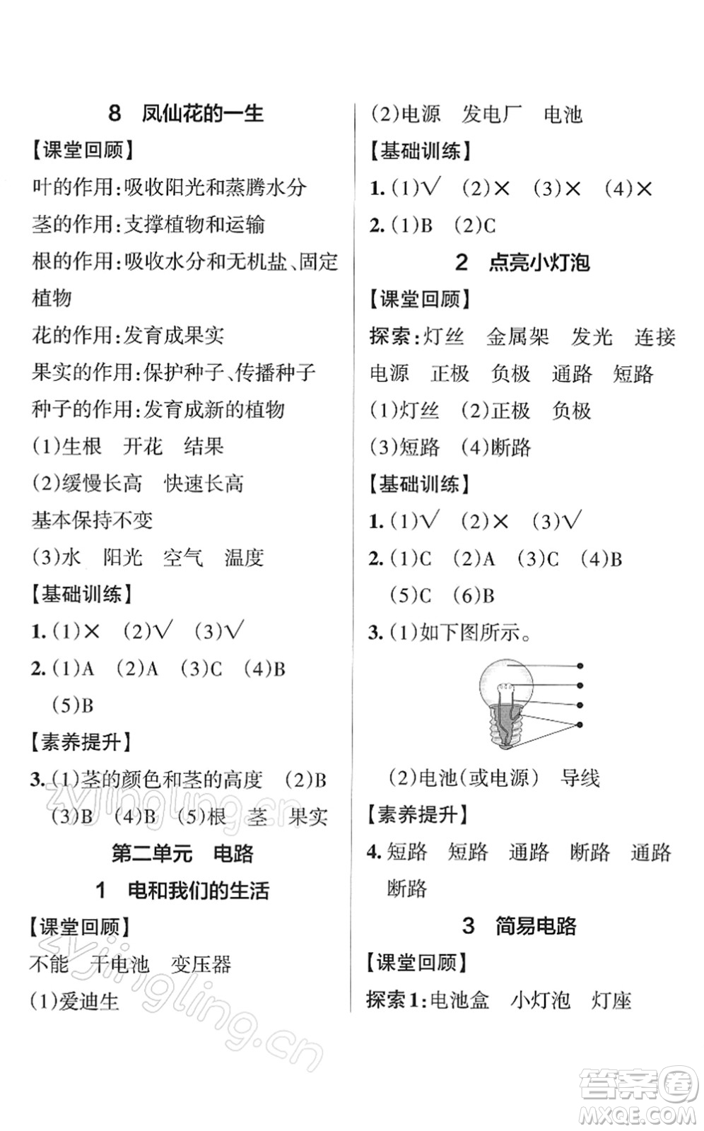 陜西師范大學出版總社2022PASS小學學霸作業(yè)本四年級科學下冊JK教科版答案