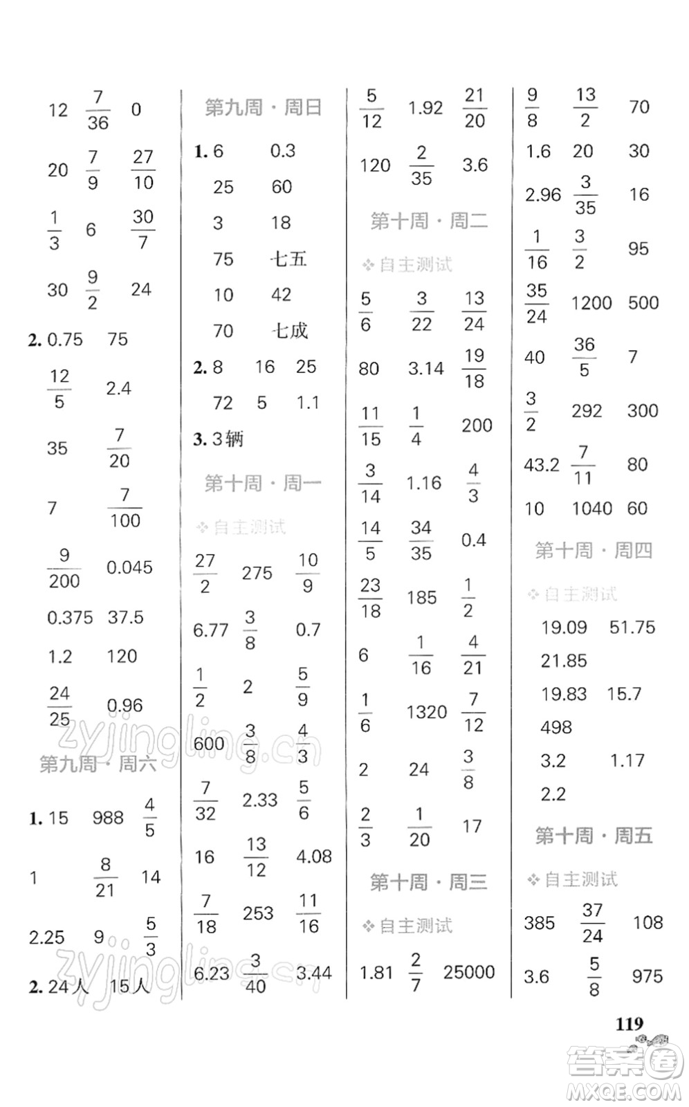 遼寧教育出版社2022小學(xué)學(xué)霸天天計(jì)算六年級數(shù)學(xué)下冊RJ人教版答案