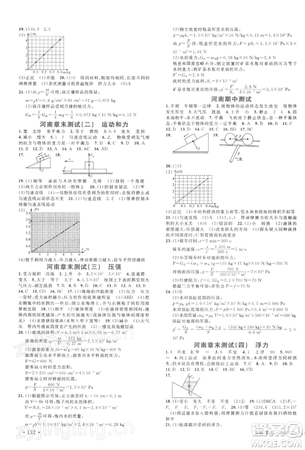 開明出版社2022名校課堂八年級(jí)物理下冊(cè)人教版河南專版參考答案