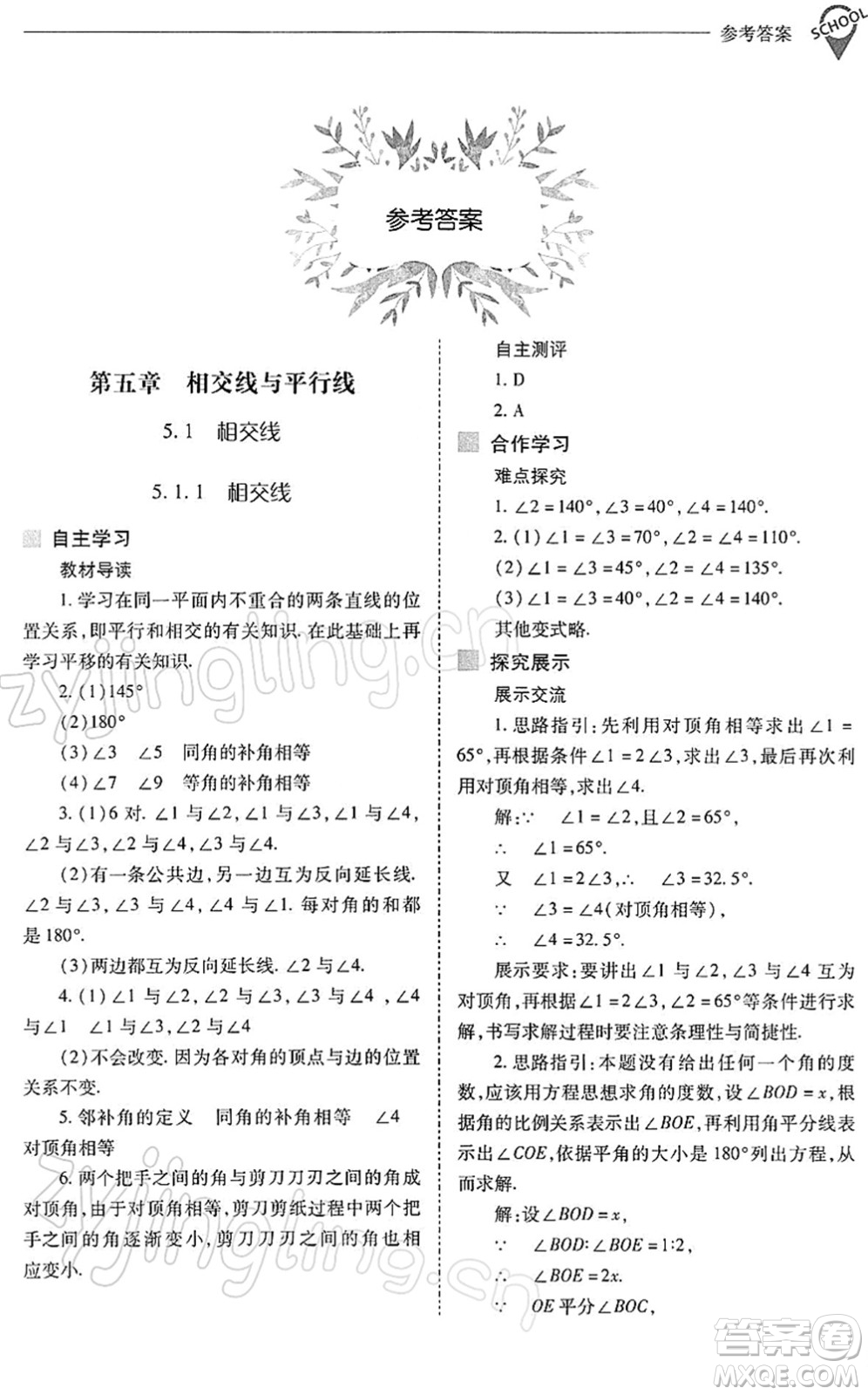 山西教育出版社2022新課程問題解決導(dǎo)學(xué)方案七年級數(shù)學(xué)下冊人教版答案