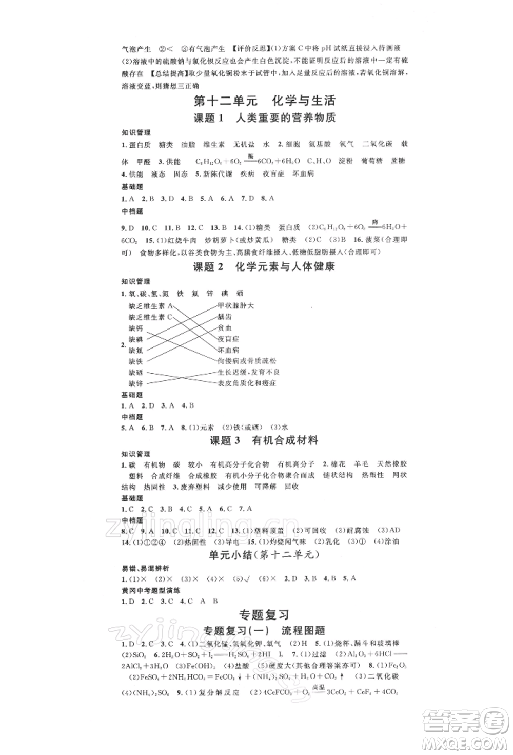 廣東經(jīng)濟出版社2022名校課堂背記手冊九年級化學下冊人教版湖北三市專版參考答案