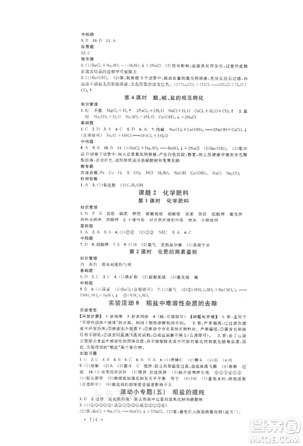 開明出版社2022名校課堂背記手冊九年級化學(xué)下冊人教版河南專版參考答案