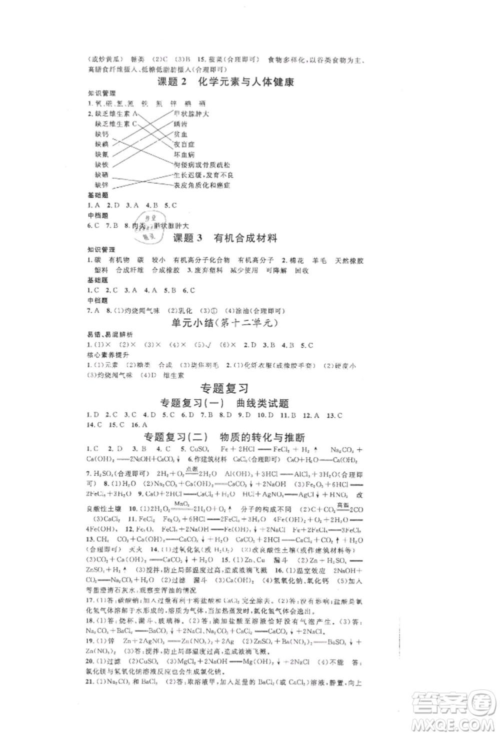 開明出版社2022名校課堂背記手冊九年級化學(xué)下冊人教版河南專版參考答案