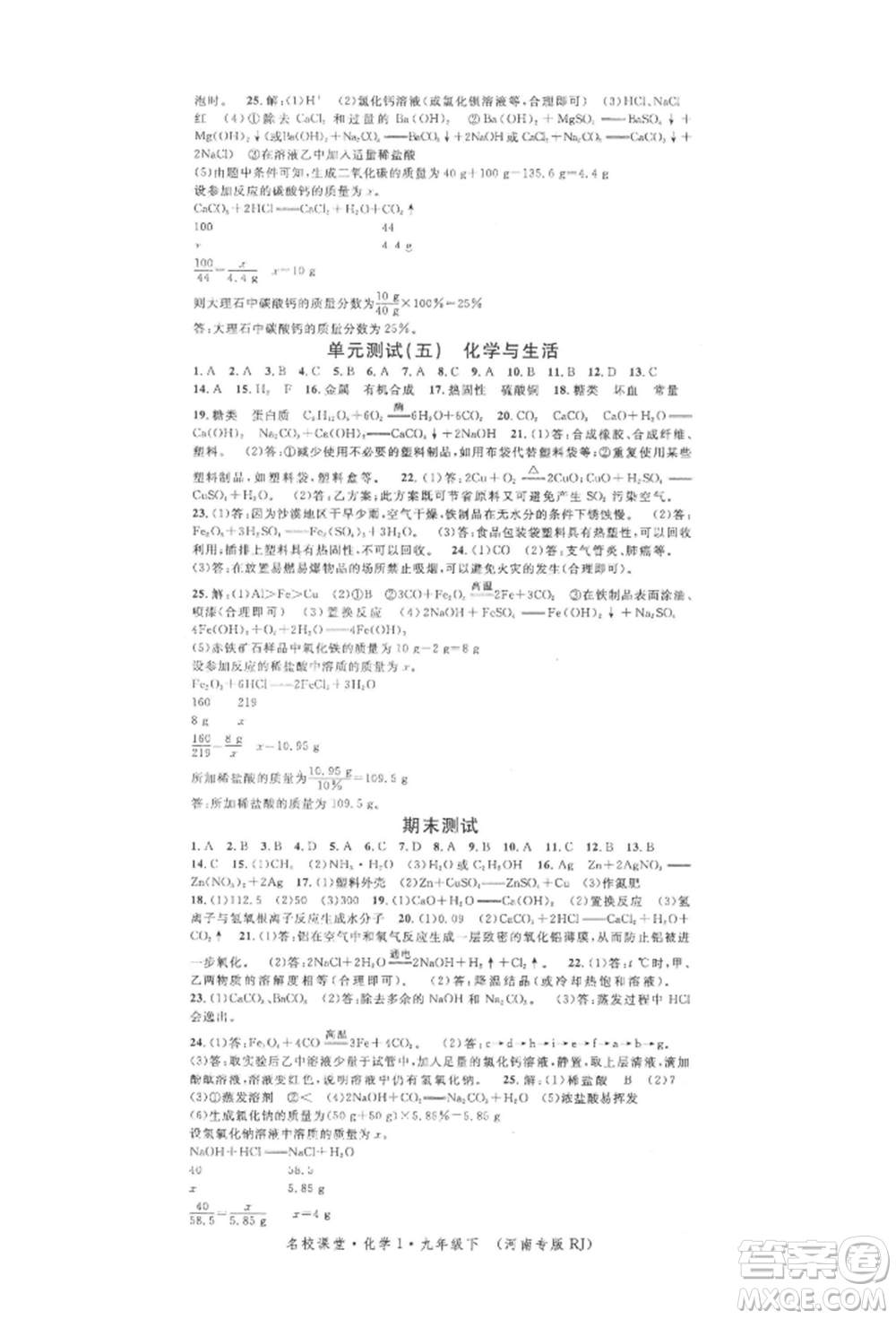 開明出版社2022名校課堂背記手冊九年級化學(xué)下冊人教版河南專版參考答案