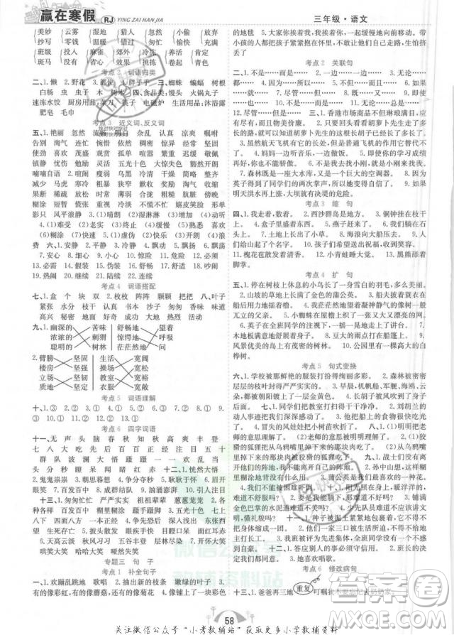 合肥工業(yè)大學(xué)出版社2022贏在寒假期末闖關(guān)三年級語文RJ人教版答案