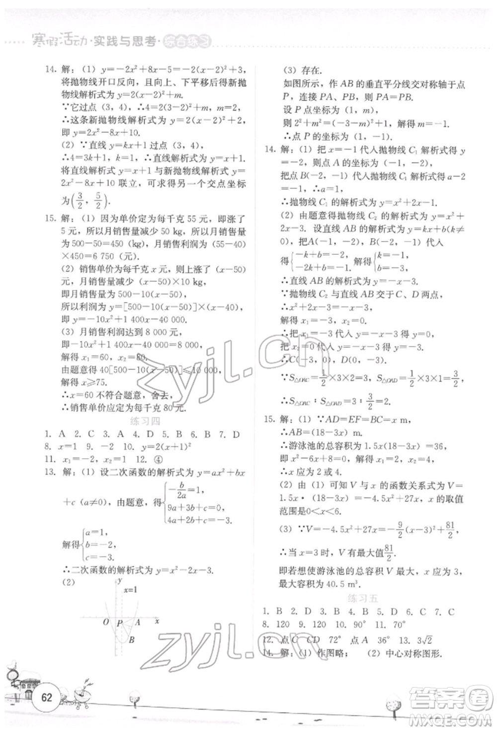 云南大學出版社2022寒假活動實踐與思考綜合練習九年級數學通用版參考答案