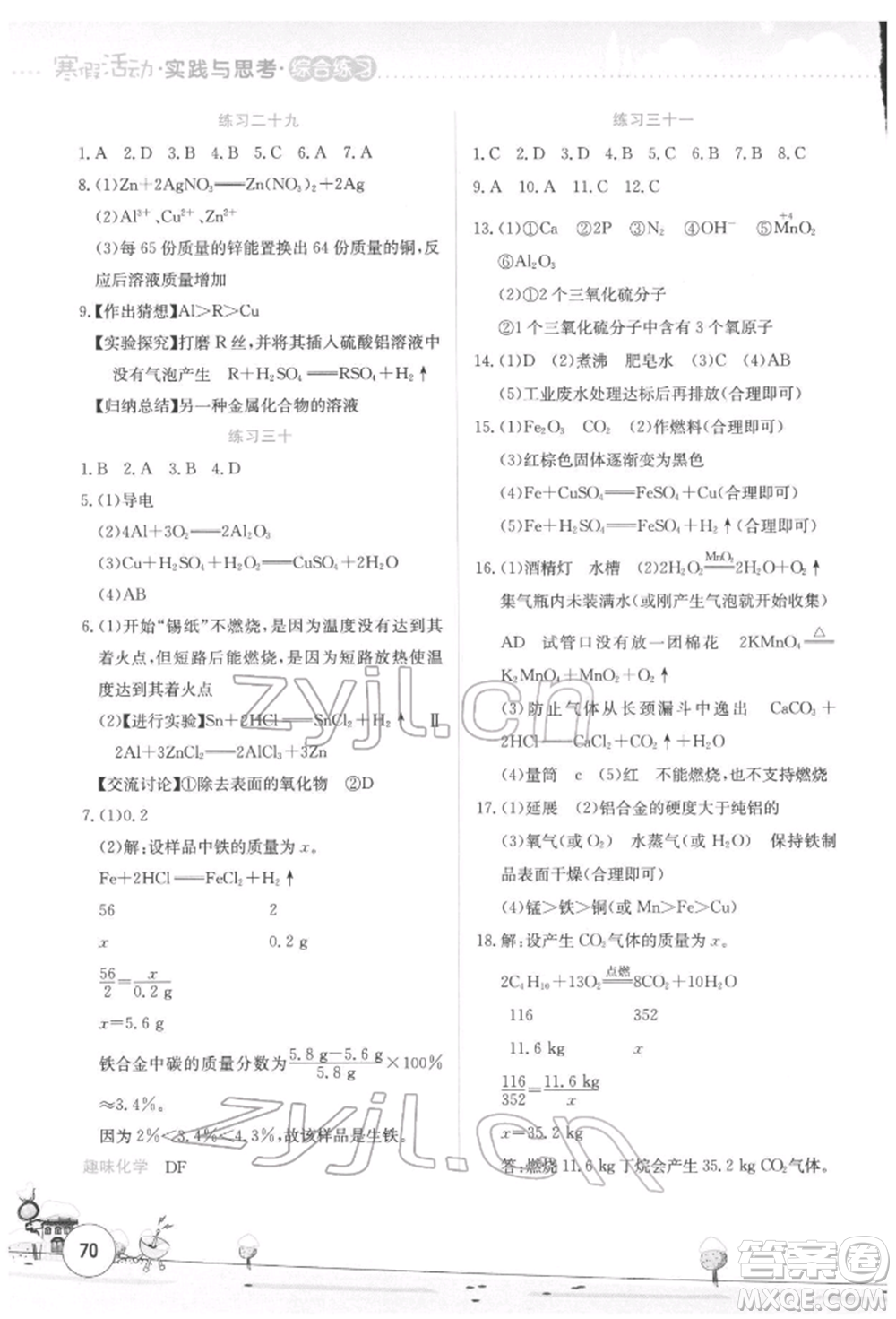 云南大學出版社2022寒假活動實踐與思考綜合練習九年級化學通用版參考答案