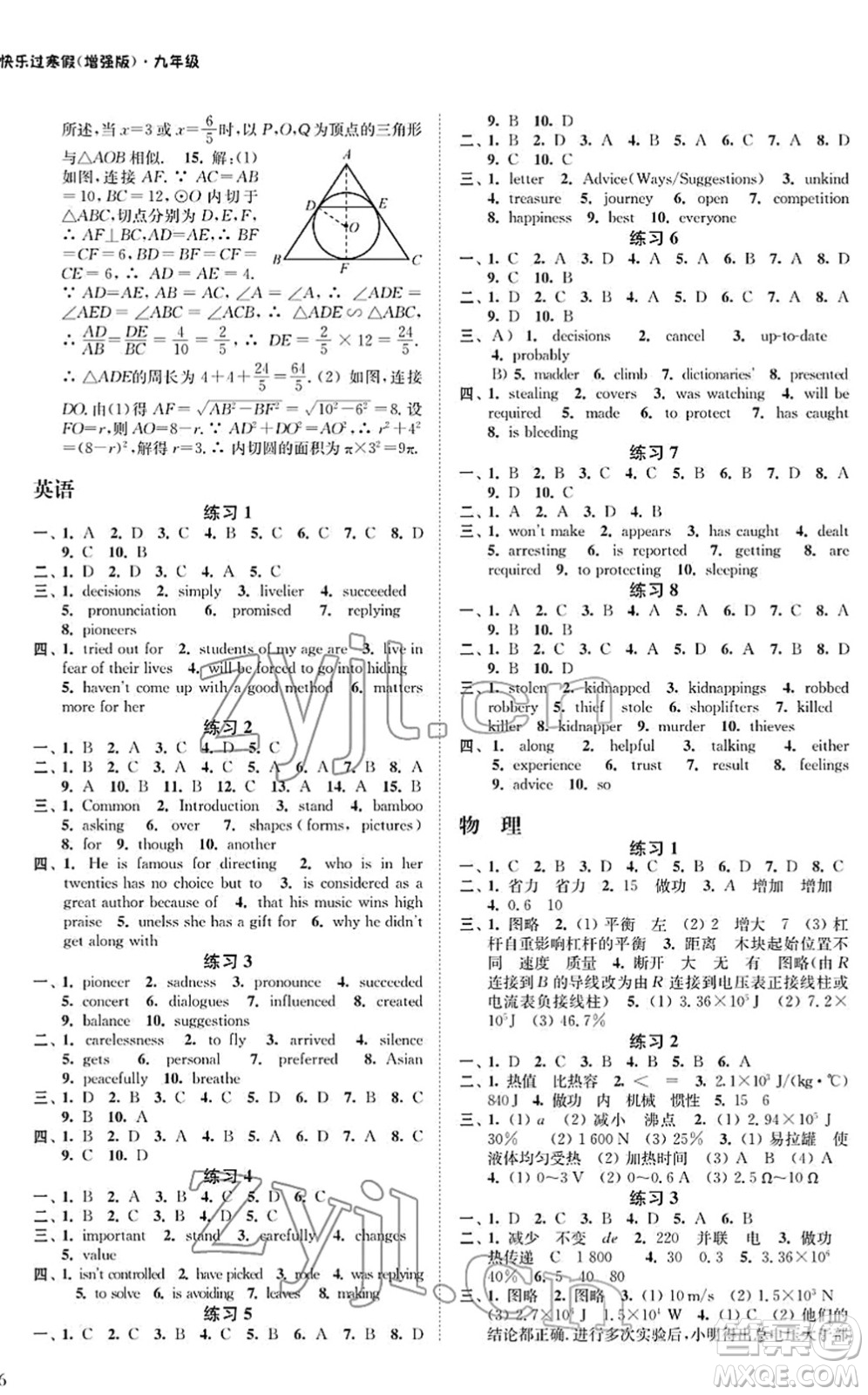 江蘇鳳凰科學(xué)技術(shù)出版社2022快樂過寒假九年級合訂本通用版增強(qiáng)版答案