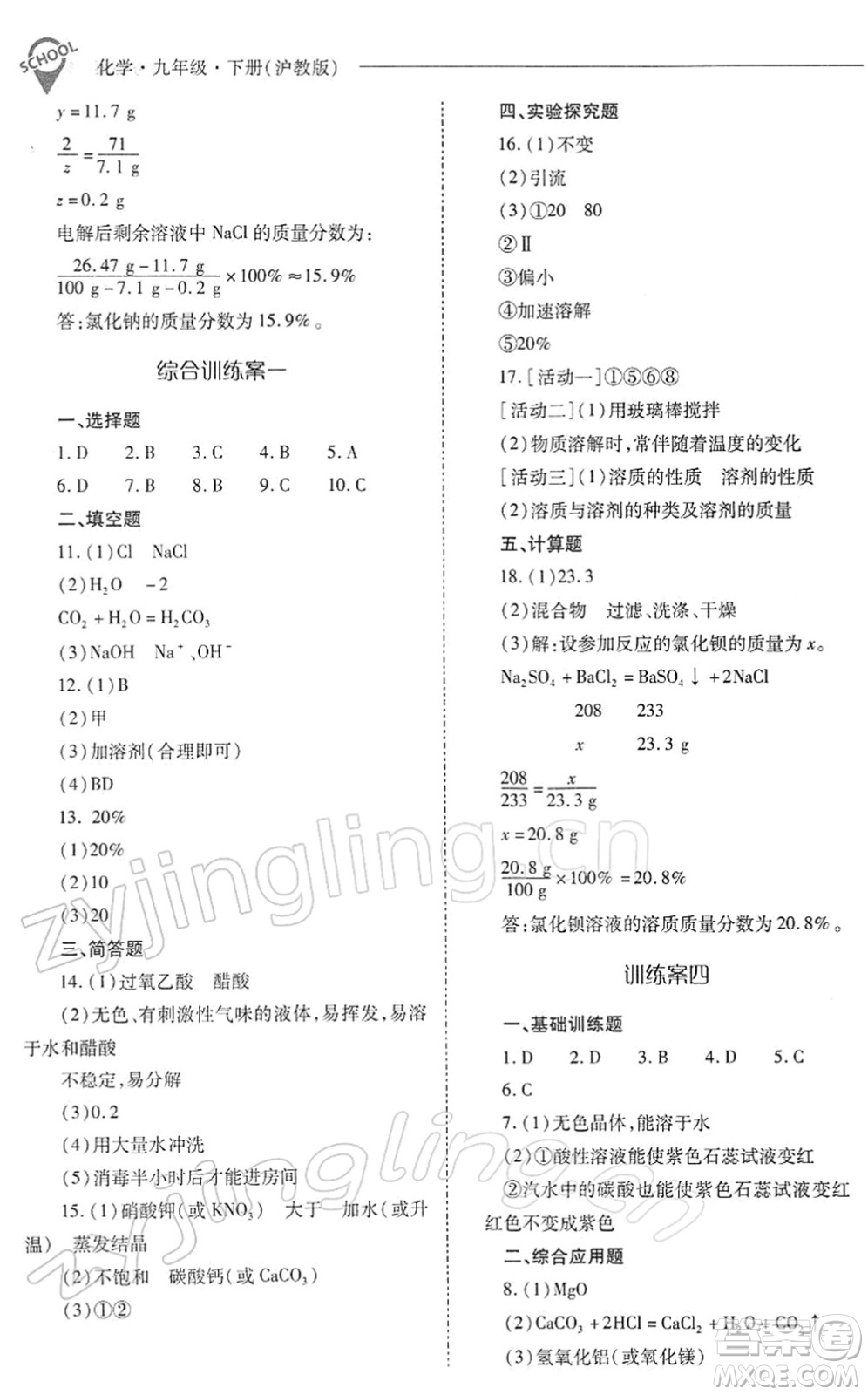 山西教育出版社2022新課程問(wèn)題解決導(dǎo)學(xué)方案九年級(jí)化學(xué)下冊(cè)滬教版答案