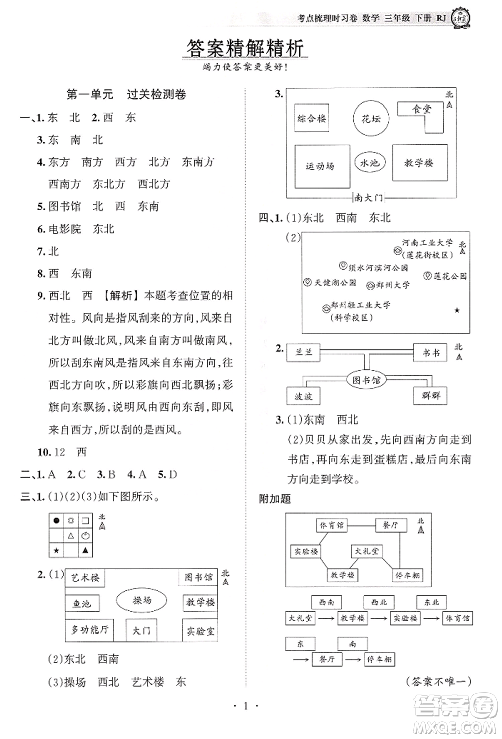 江西人民出版社2022王朝霞考點(diǎn)梳理時(shí)習(xí)卷三年級(jí)數(shù)學(xué)下冊(cè)人教版參考答案