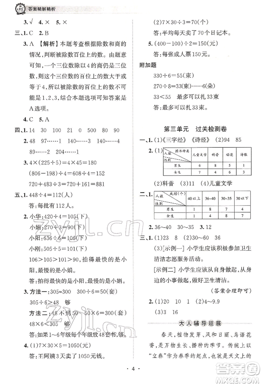 江西人民出版社2022王朝霞考點(diǎn)梳理時(shí)習(xí)卷三年級(jí)數(shù)學(xué)下冊(cè)人教版參考答案