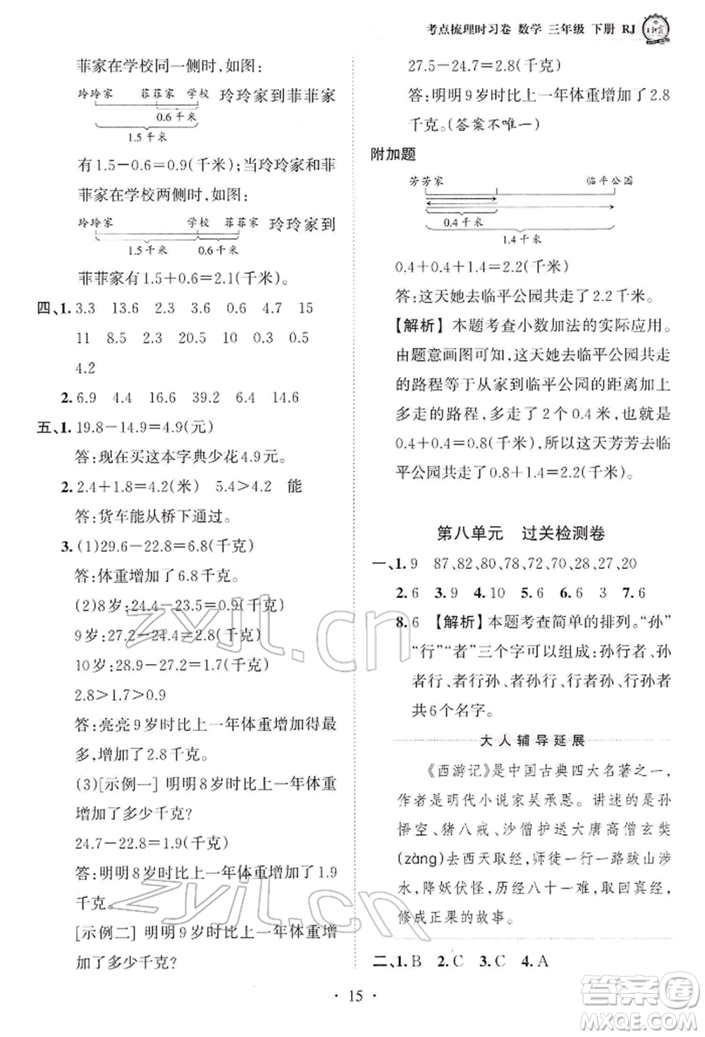 江西人民出版社2022王朝霞考點(diǎn)梳理時(shí)習(xí)卷三年級(jí)數(shù)學(xué)下冊(cè)人教版參考答案