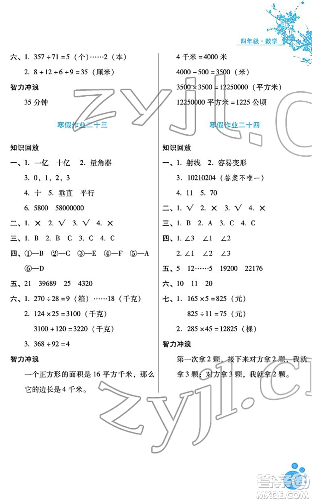 河北少年兒童出版社2022寒假生活四年級(jí)數(shù)學(xué)通用版答案