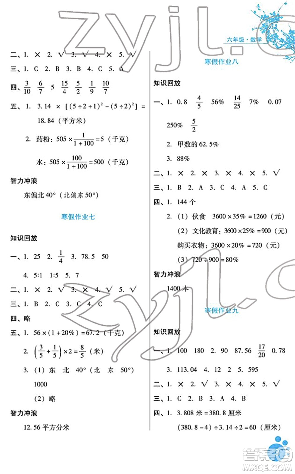 河北少年兒童出版社2022寒假生活六年級(jí)數(shù)學(xué)通用版答案