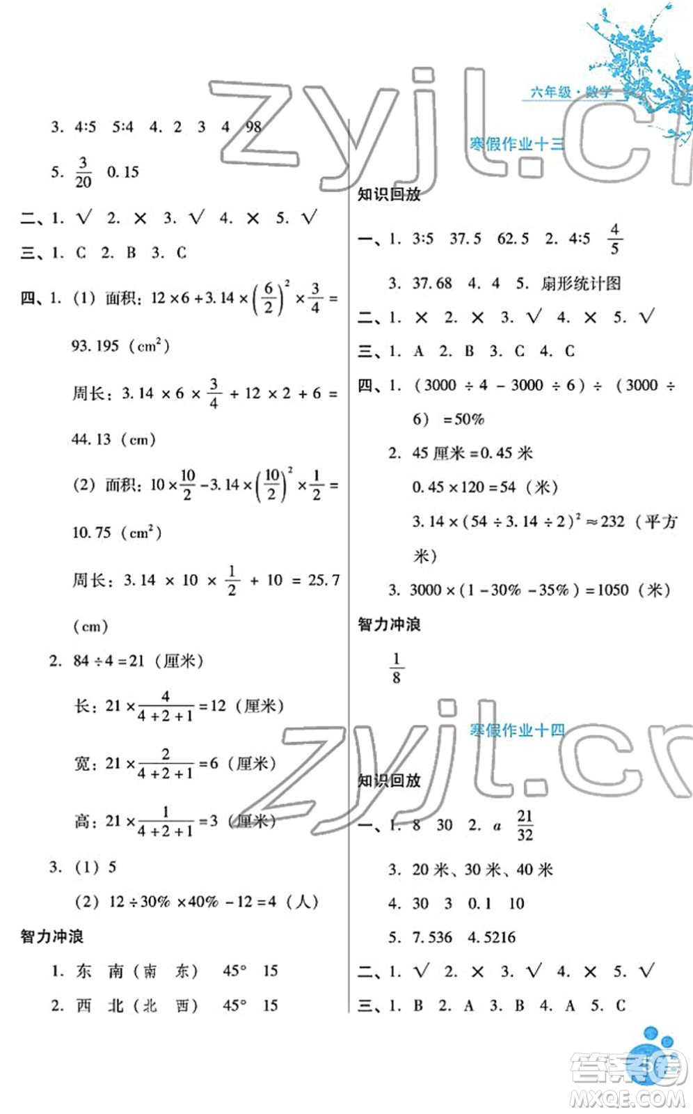 河北少年兒童出版社2022寒假生活六年級(jí)數(shù)學(xué)通用版答案