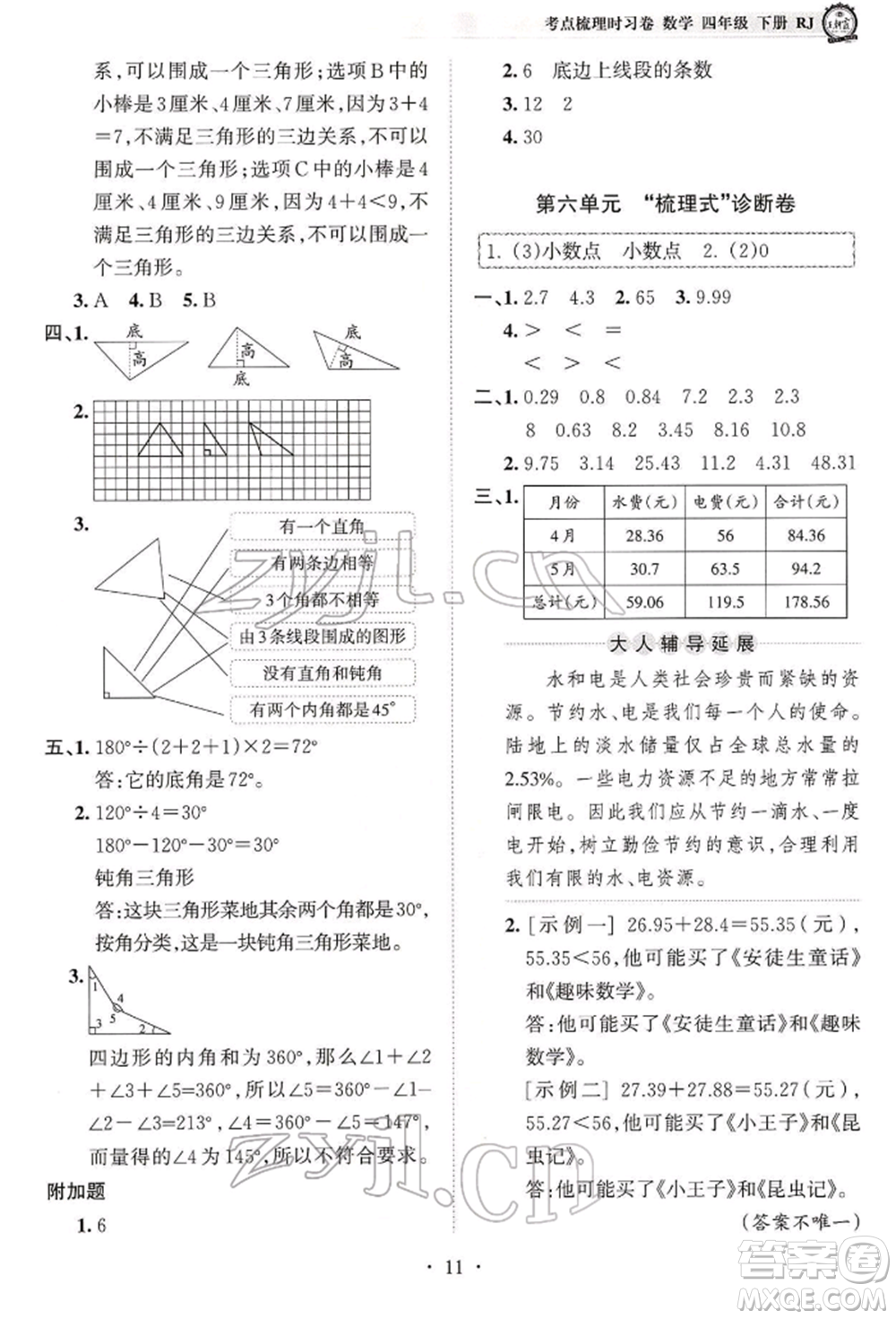 江西人民出版社2022王朝霞考點(diǎn)梳理時(shí)習(xí)卷四年級(jí)數(shù)學(xué)下冊(cè)人教版參考答案