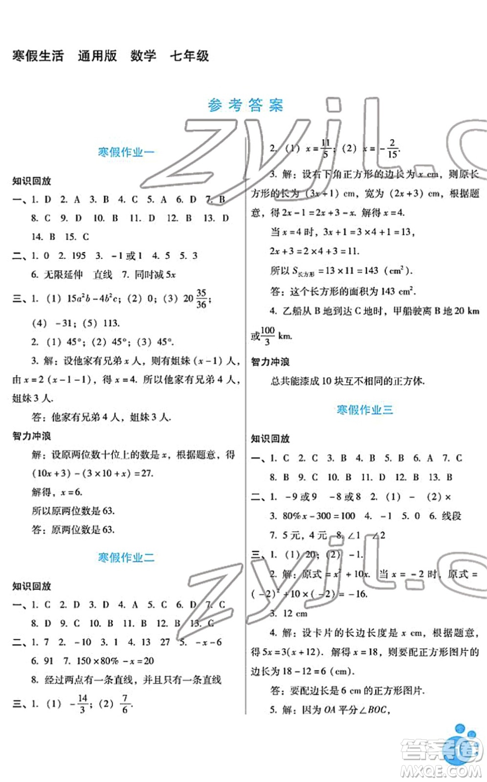 河北少年兒童出版社2022寒假生活七年級數(shù)學通用版答案