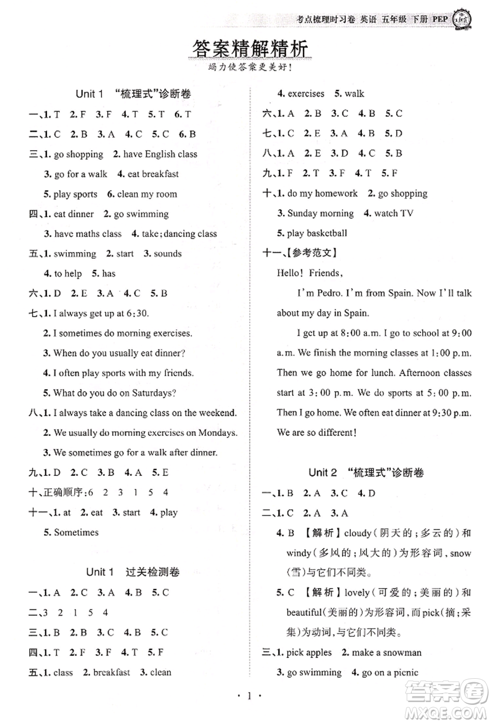 江西人民出版社2022王朝霞考點梳理時習(xí)卷五年級英語下冊人教版參考答案