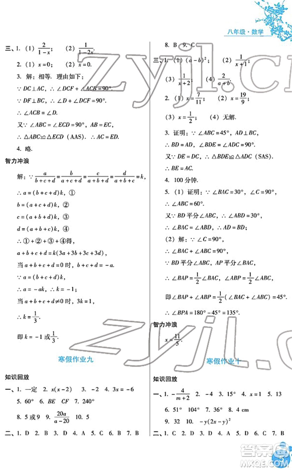 河北少年兒童出版社2022寒假生活八年級(jí)數(shù)學(xué)通用版答案