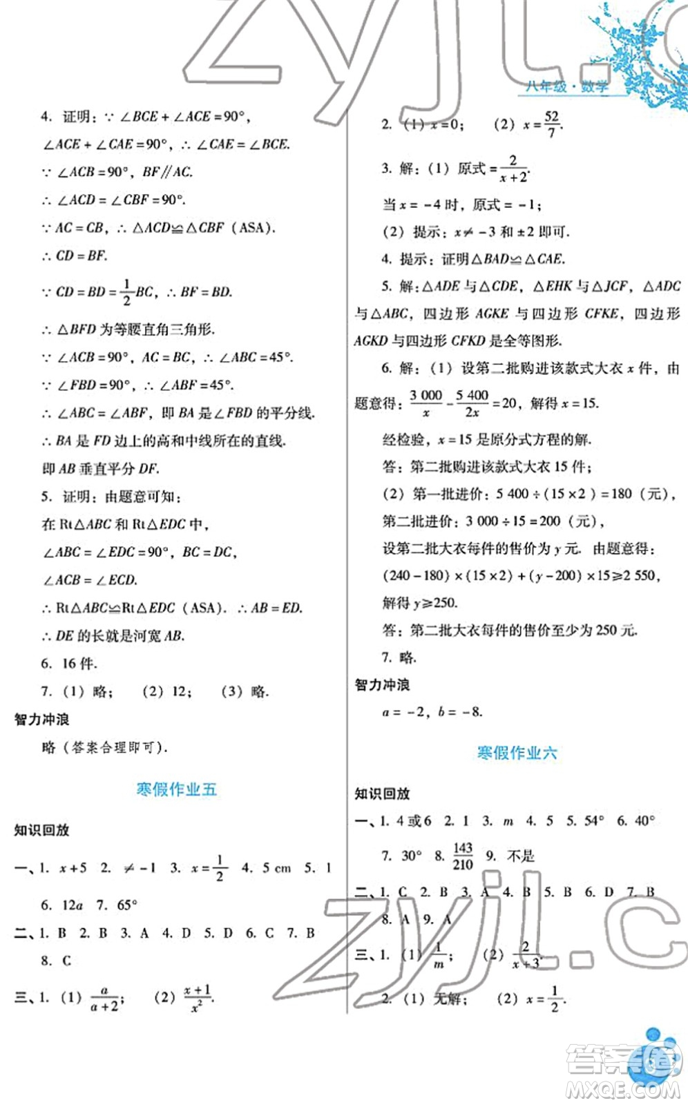 河北少年兒童出版社2022寒假生活八年級(jí)數(shù)學(xué)通用版答案