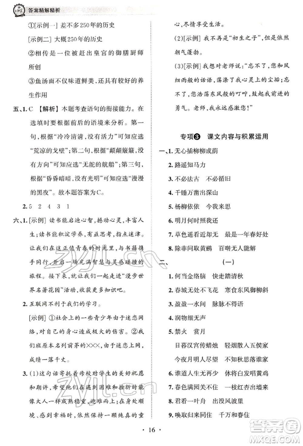 江西人民出版社2022王朝霞考點梳理時習卷六年級語文下冊人教版參考答案