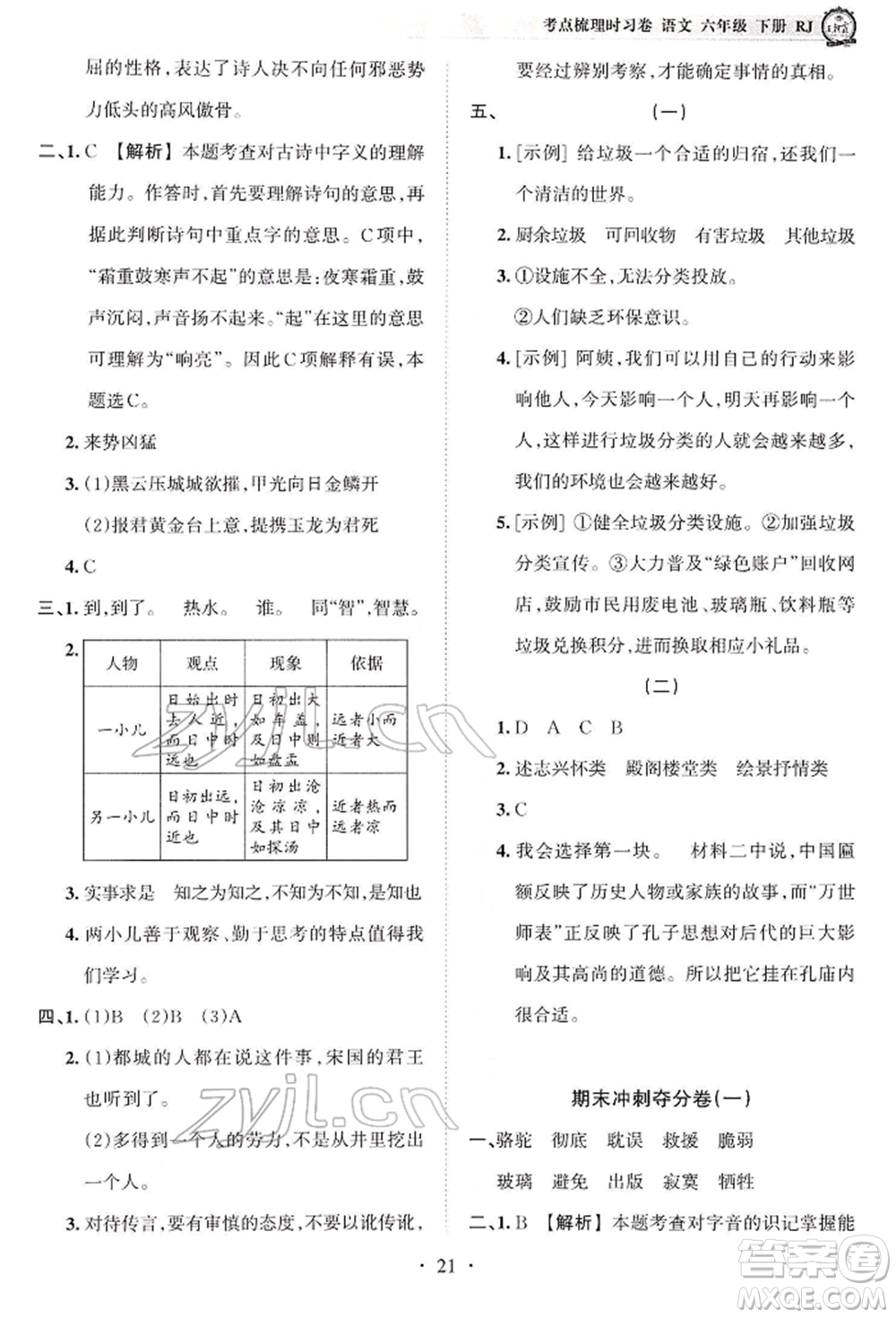 江西人民出版社2022王朝霞考點梳理時習卷六年級語文下冊人教版參考答案