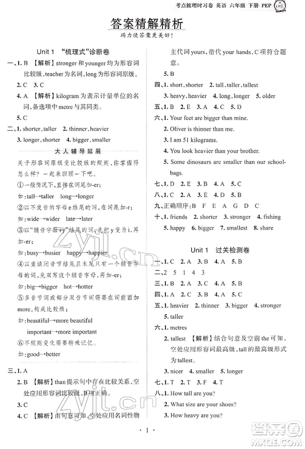 江西人民出版社2022王朝霞考點梳理時習(xí)卷六年級英語下冊人教版參考答案