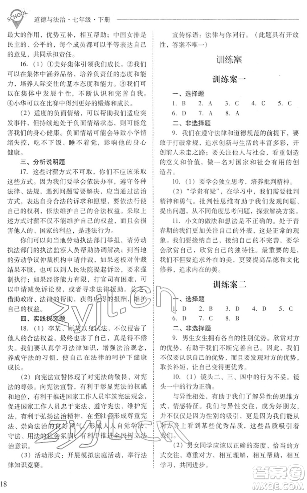 山西教育出版社2022新課程問題解決導(dǎo)學(xué)方案七年級(jí)道德與法治下冊(cè)人教版答案