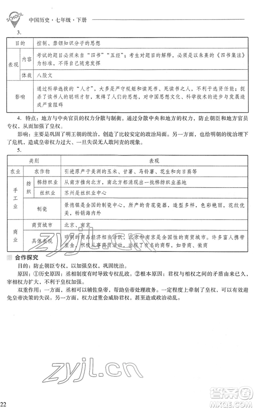 山西教育出版社2022新課程問題解決導學方案七年級歷史下冊人教版答案