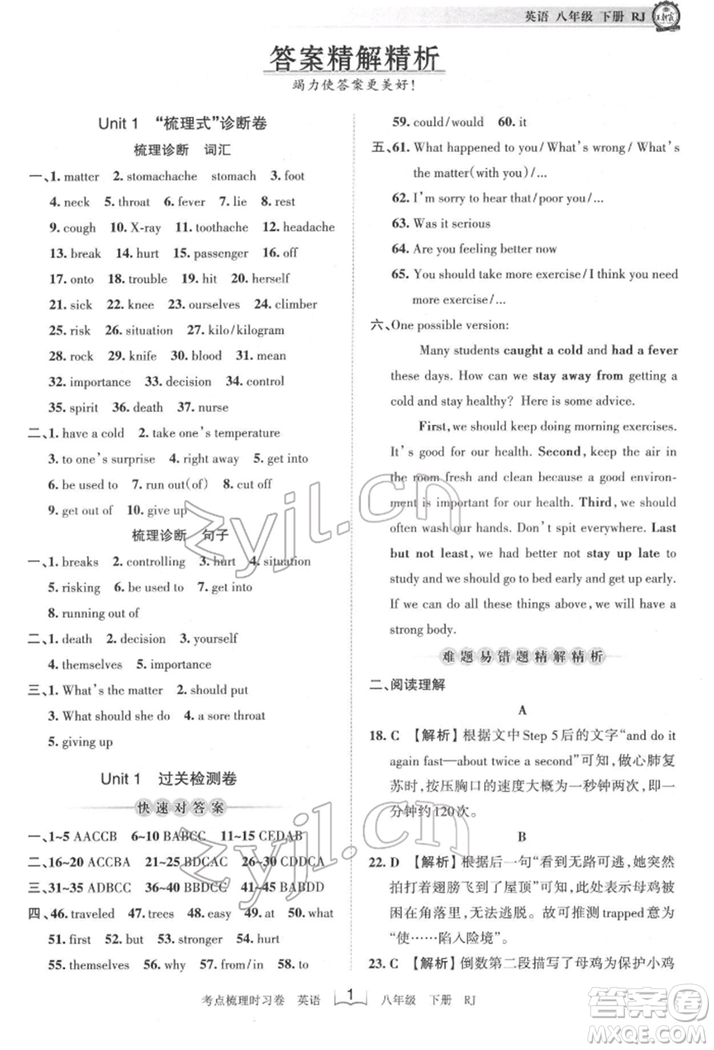 江西人民出版社2022王朝霞考點梳理時習卷八年級英語下冊人教版參考答案