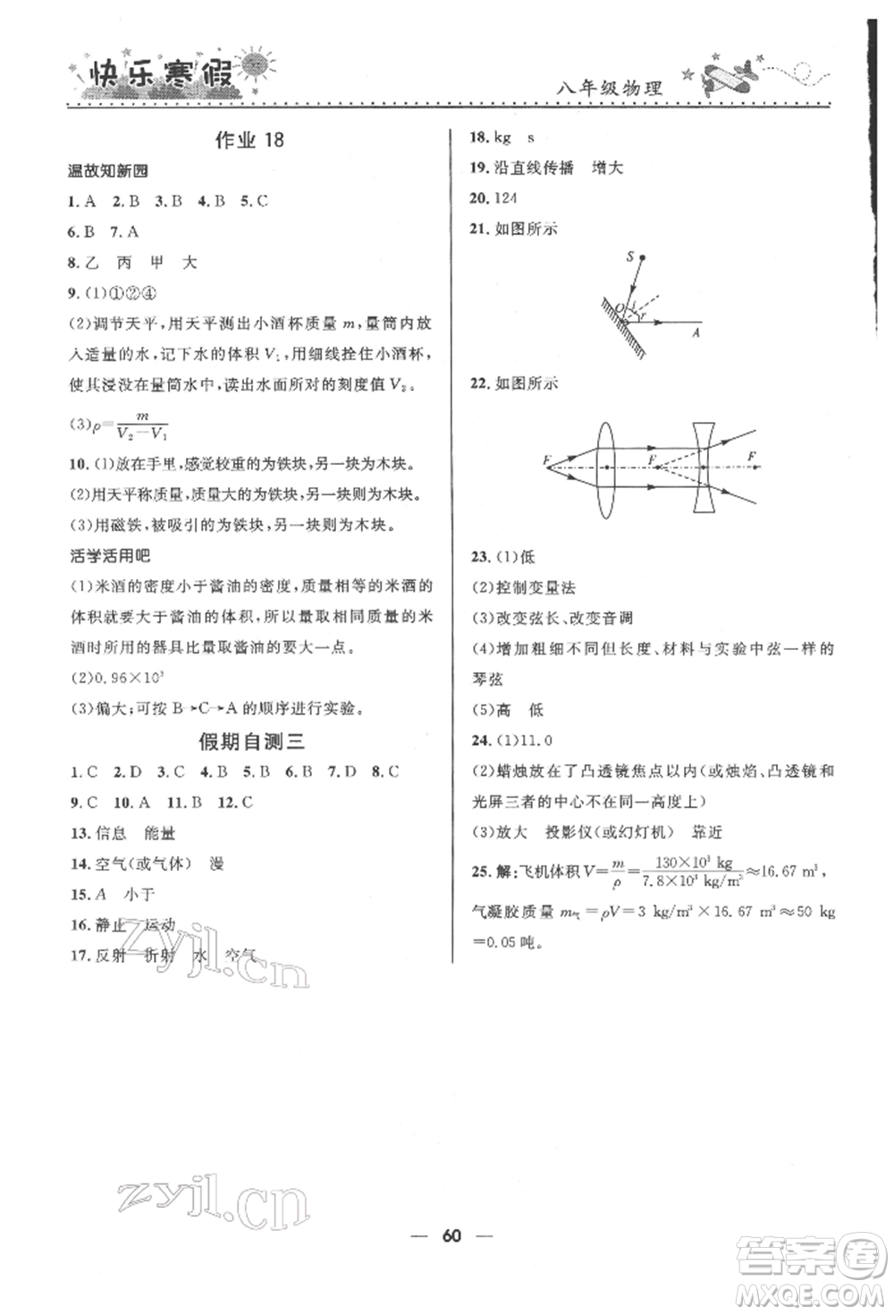 河北少年兒童出版社2022贏在起跑線中學生快樂寒假八年級物理通用版參考答案