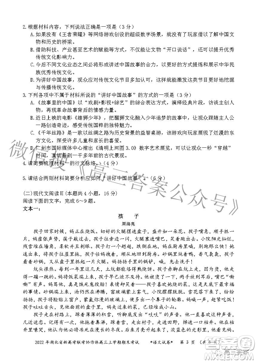 2022年湖北省新高考協(xié)作體高三上學(xué)期期末考試語(yǔ)文試卷及答案