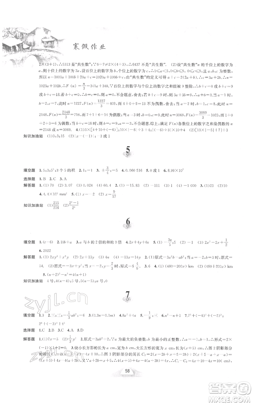 黃山書社2022寒假作業(yè)七年級(jí)數(shù)學(xué)滬科版參考答案