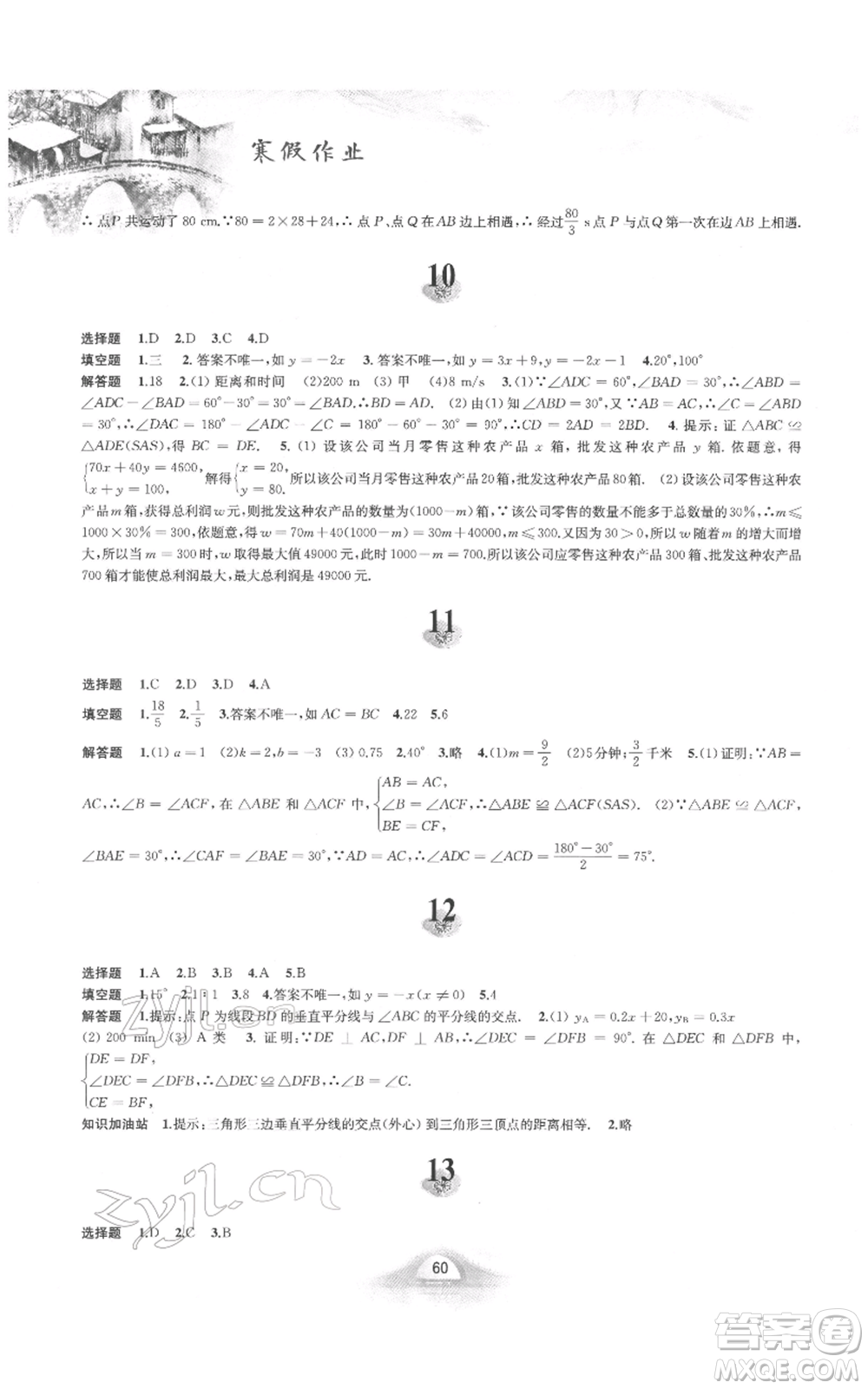 黃山書社2022寒假作業(yè)八年級(jí)數(shù)學(xué)滬科版參考答案