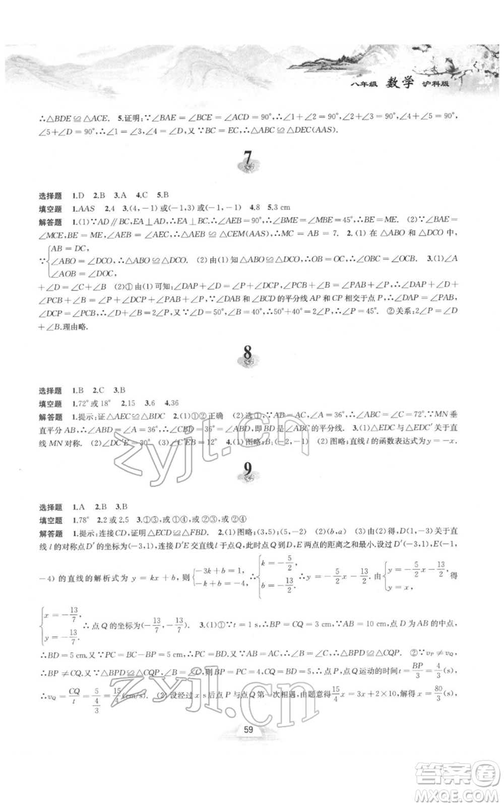 黃山書社2022寒假作業(yè)八年級(jí)數(shù)學(xué)滬科版參考答案