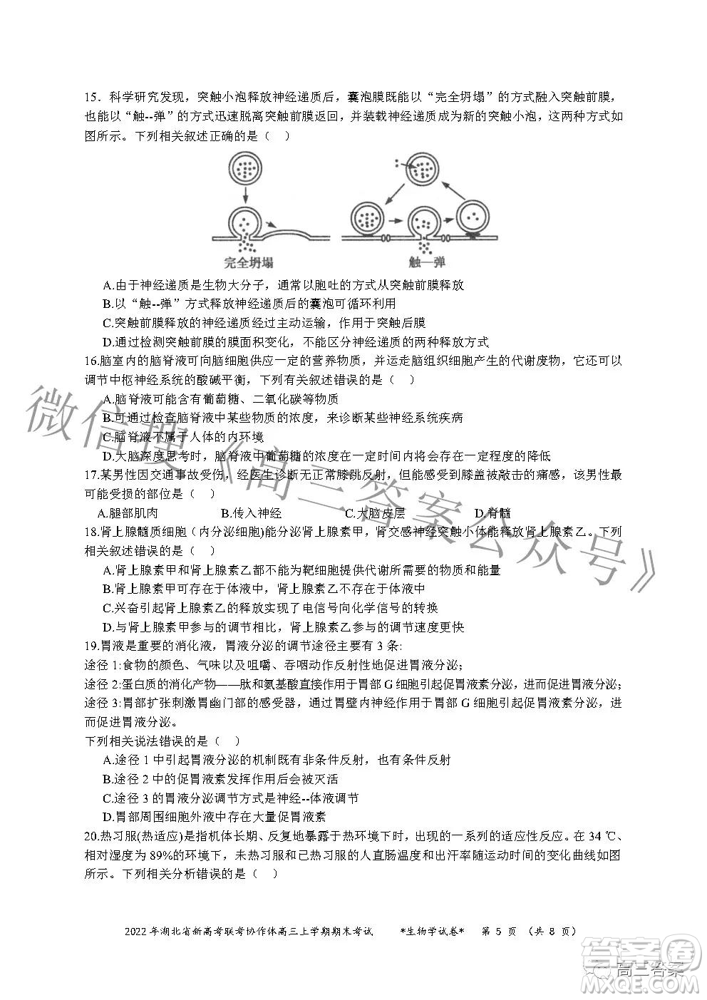 2022年湖北省新高考協(xié)作體高三上學(xué)期期末考試生物學(xué)試卷及答案