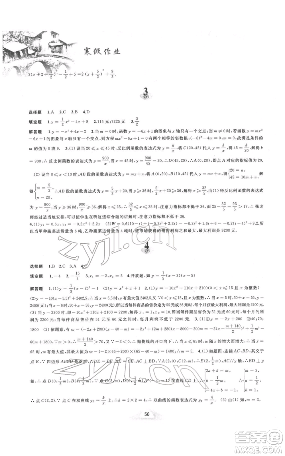 黃山書社2022寒假作業(yè)九年級(jí)數(shù)學(xué)滬科版參考答案