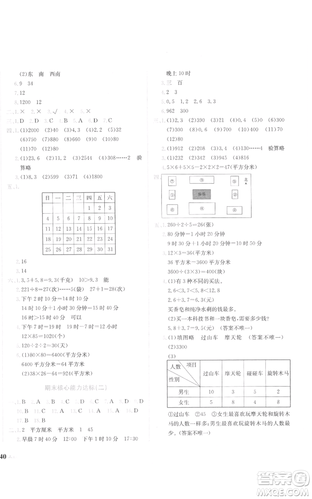 龍門書局2022黃岡小狀元達(dá)標(biāo)卷三年級數(shù)學(xué)下冊人教版參考答案