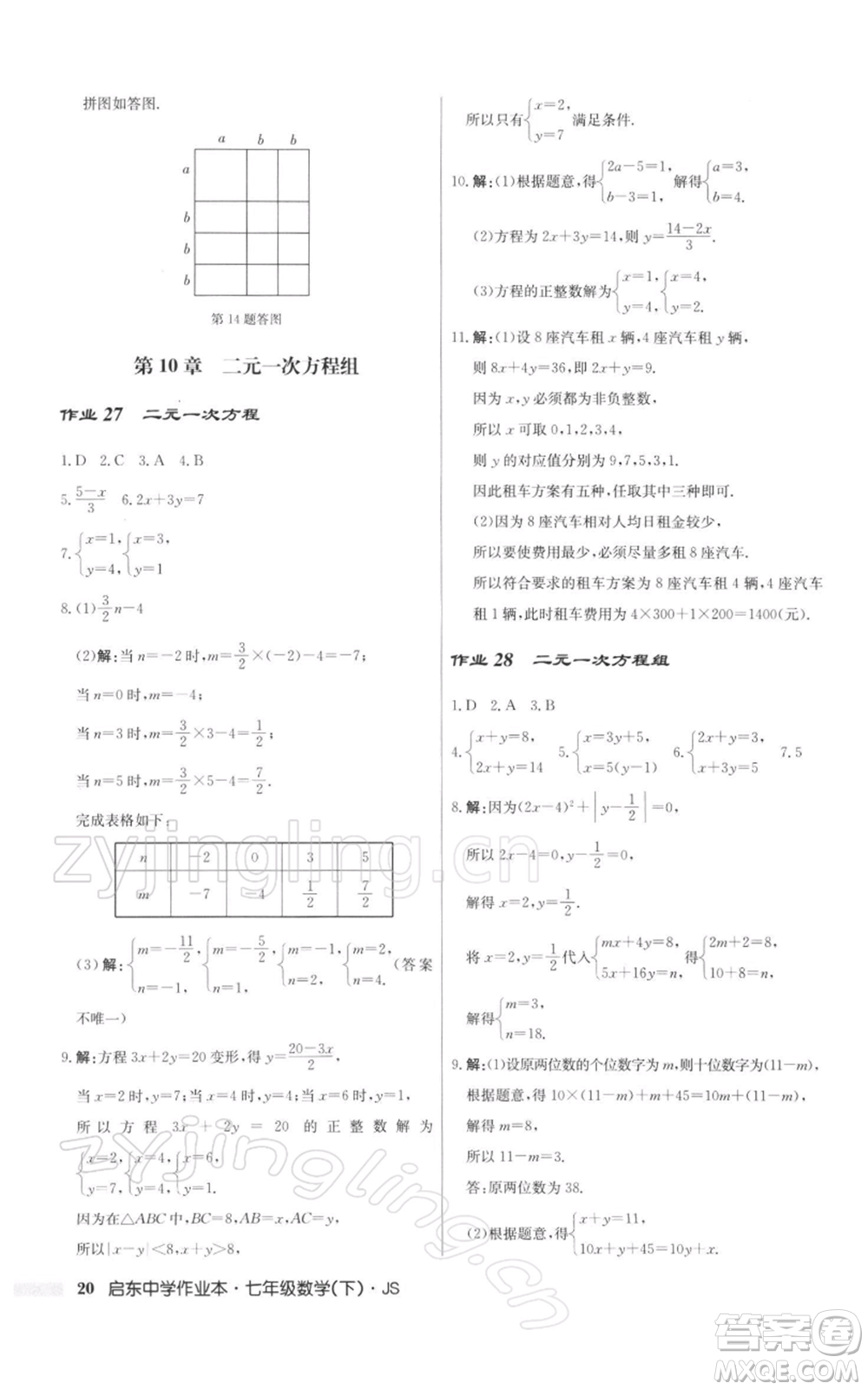 龍門書局2022啟東中學(xué)作業(yè)本七年級(jí)數(shù)學(xué)下冊(cè)蘇科版參考答案