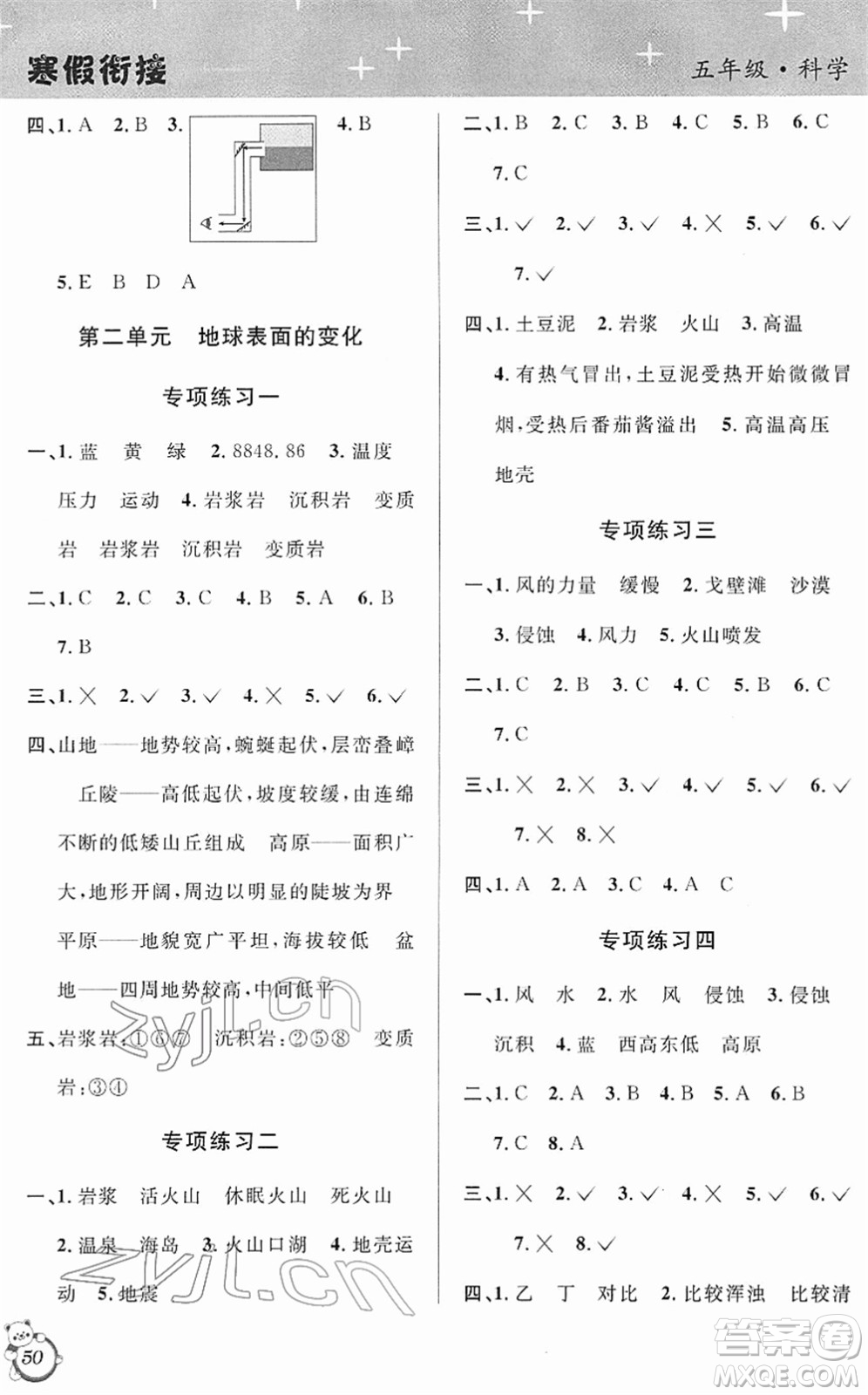 浙江科學(xué)技術(shù)出版社2022第三學(xué)期寒假銜接五年級(jí)科學(xué)JK教科版答案