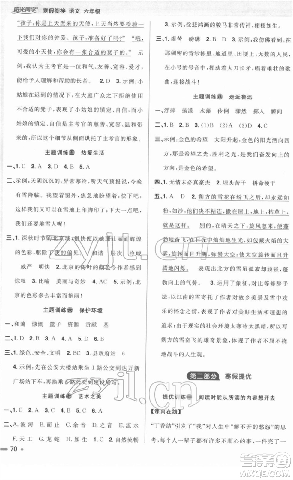 江西教育出版社2022陽光同學(xué)寒假銜接六年級(jí)語文人教版答案