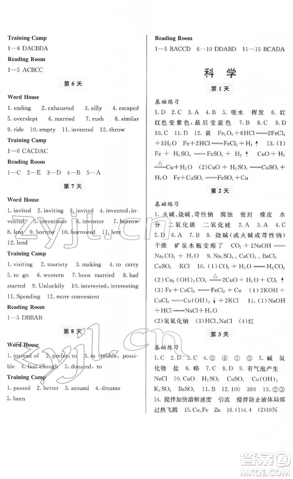 寧波出版社2022新課程寒假作業(yè)本九年級合訂本通用版答案