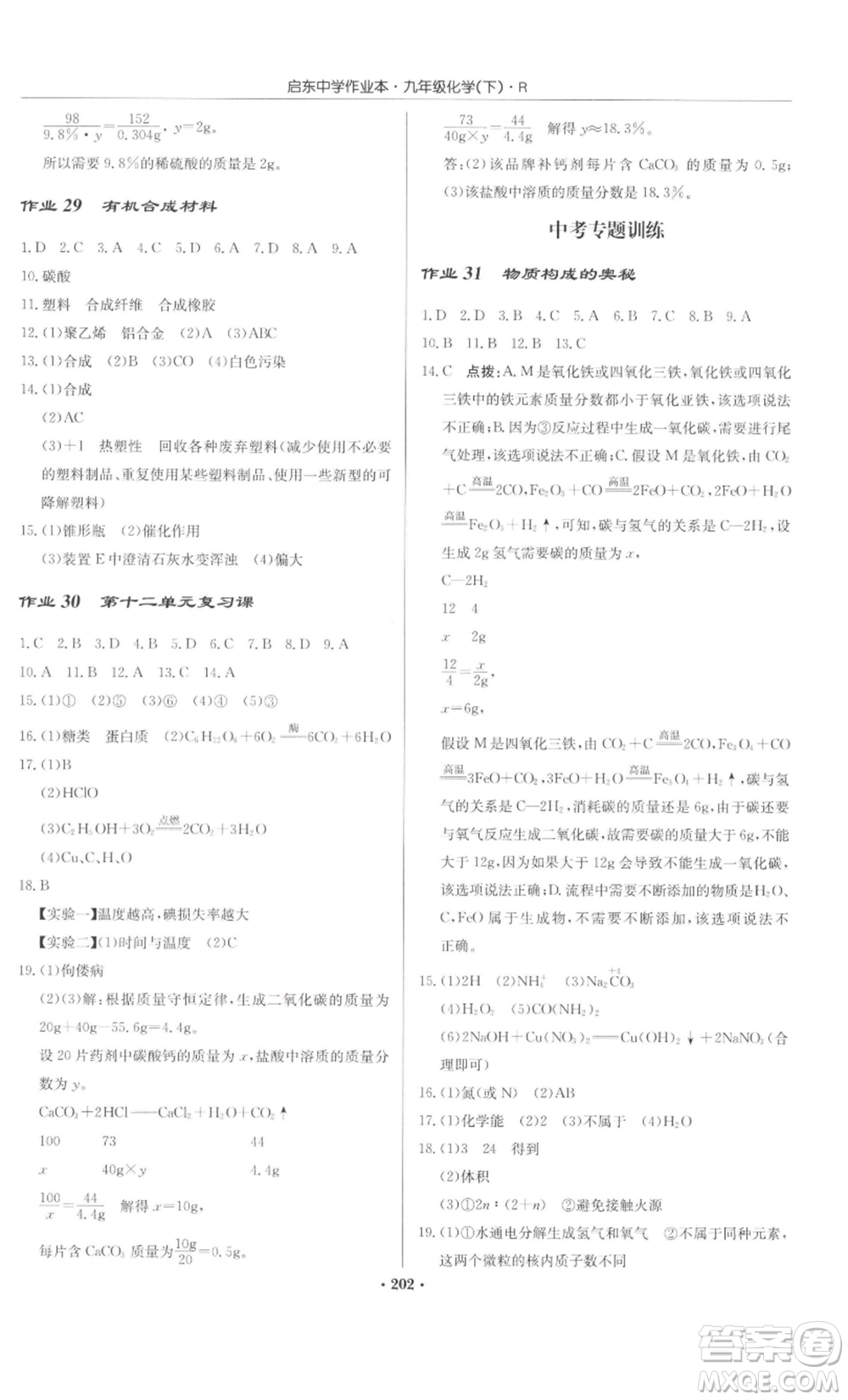 龍門書局2022啟東中學(xué)作業(yè)本九年級(jí)化學(xué)下冊(cè)人教版參考答案