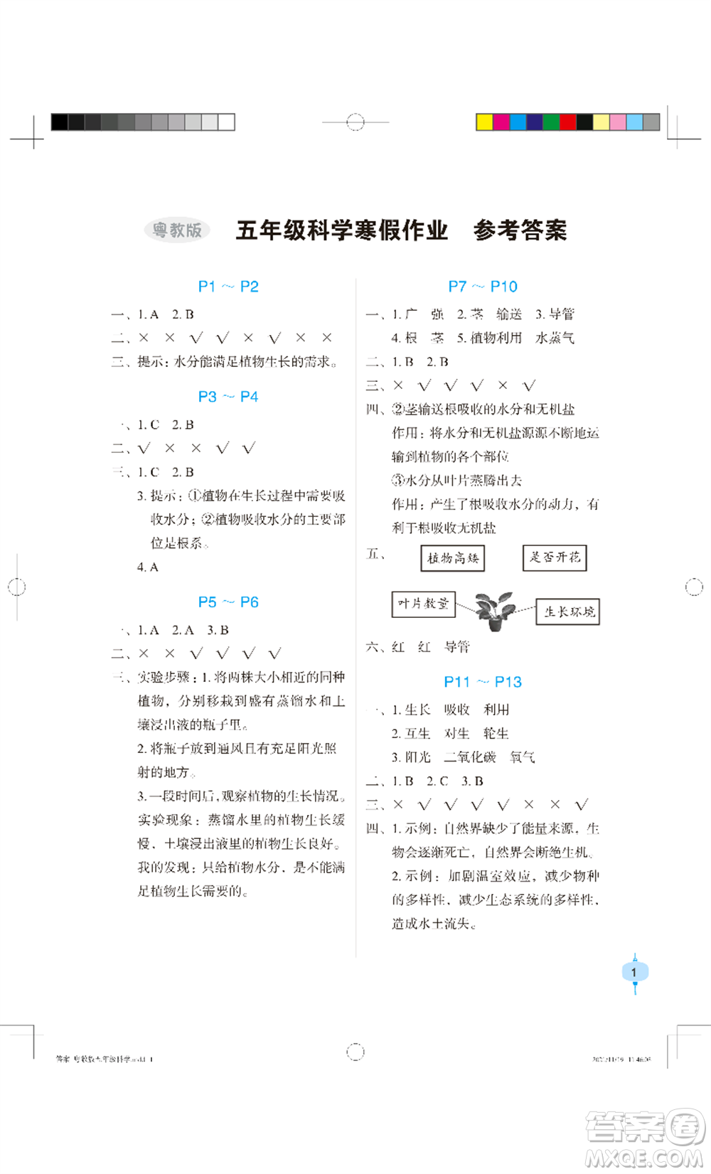 長(zhǎng)江少年兒童出版社2022寒假作業(yè)五年級(jí)科學(xué)粵教版參考答案