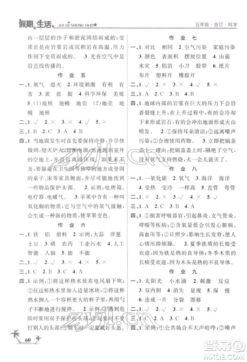 方圓電子音像出版社2022假期生活寒假五年級合訂本通用版參考答案