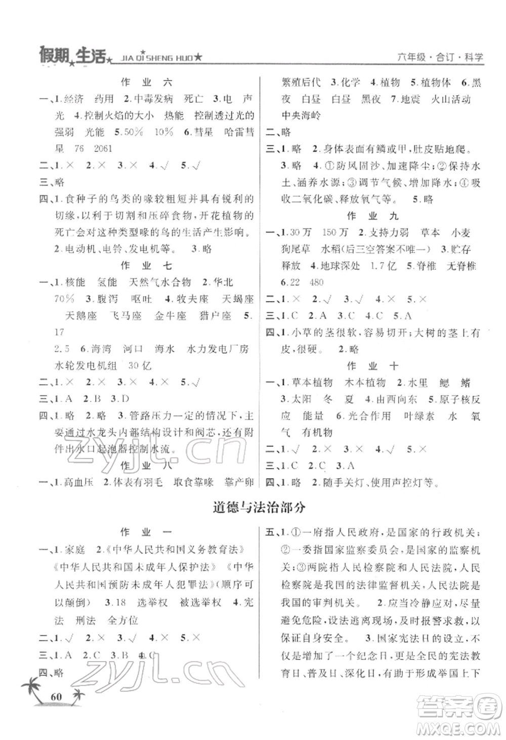 方圓電子音像出版社2022假期生活寒假六年級合訂本通用版參考答案