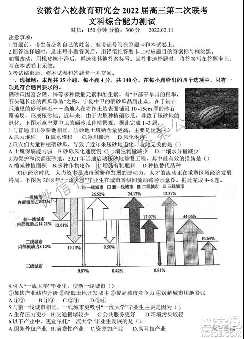 安徽省六校教育研究會(huì)2022屆高三聯(lián)考文科綜合能力測(cè)試答案