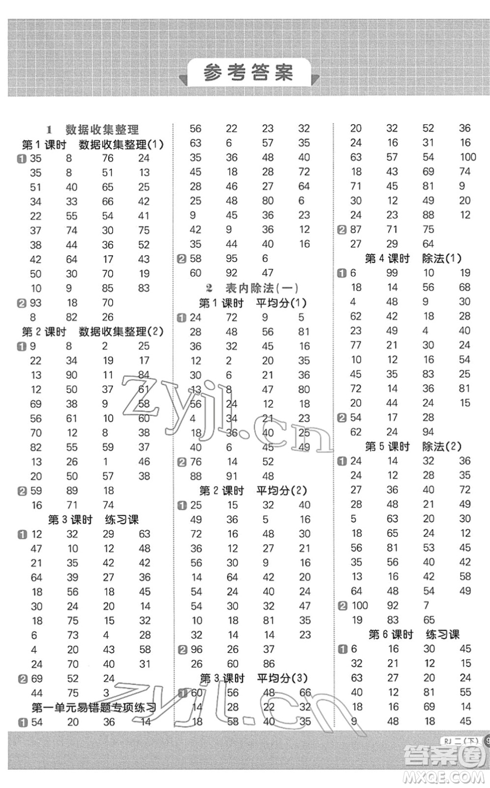 江西教育出版社2022陽光同學(xué)計(jì)算小達(dá)人二年級數(shù)學(xué)下冊RJ人教版答案