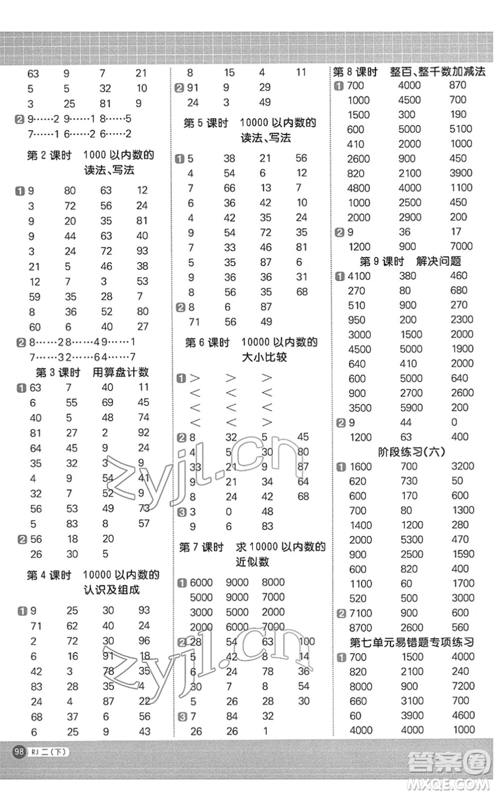 江西教育出版社2022陽光同學(xué)計(jì)算小達(dá)人二年級數(shù)學(xué)下冊RJ人教版答案