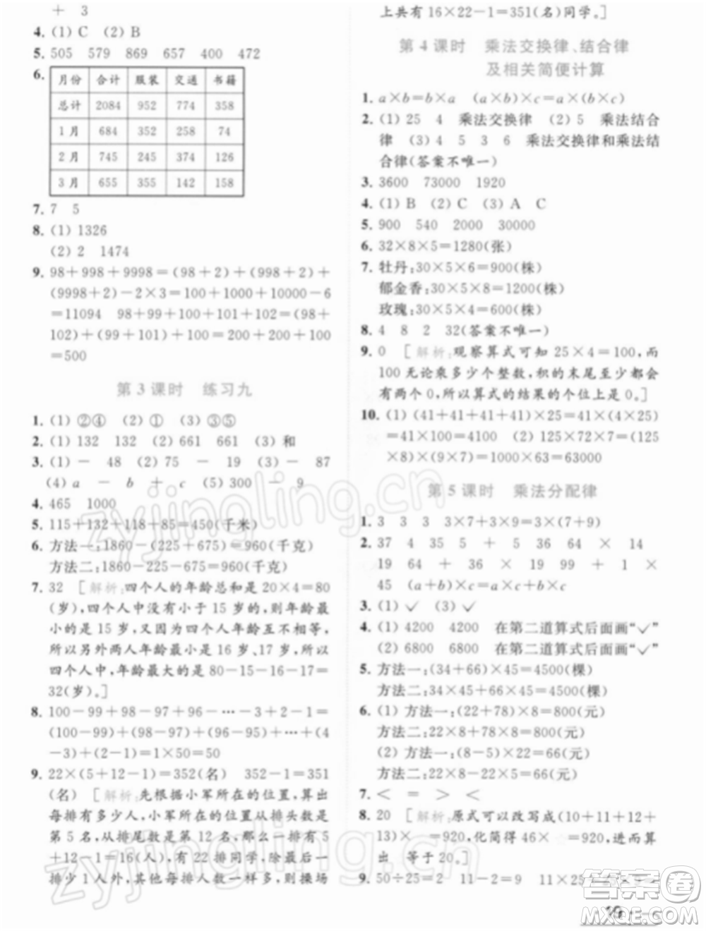 北京教育出版社2022亮點給力提優(yōu)課時作業(yè)本四年級數(shù)學(xué)下冊江蘇版參考答案